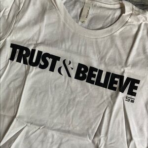 NEW Shaun T “Trust & Believe” White and Black Fitted Short Sleeve T-Shirt